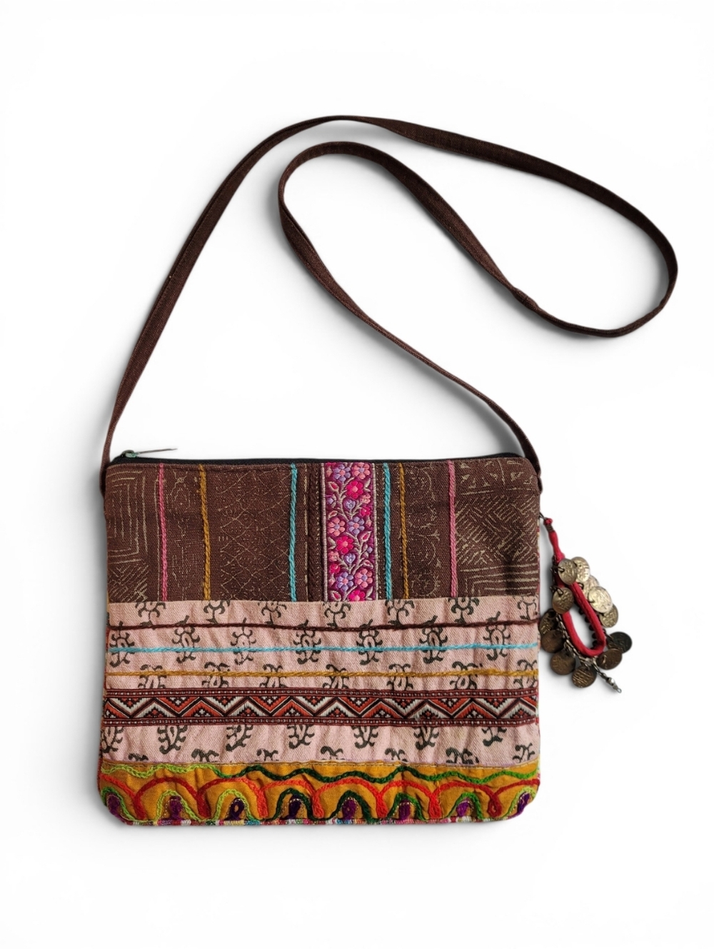Vintage Boho Embroidered Patchwork Small Bag with Coin Charm Gypsy